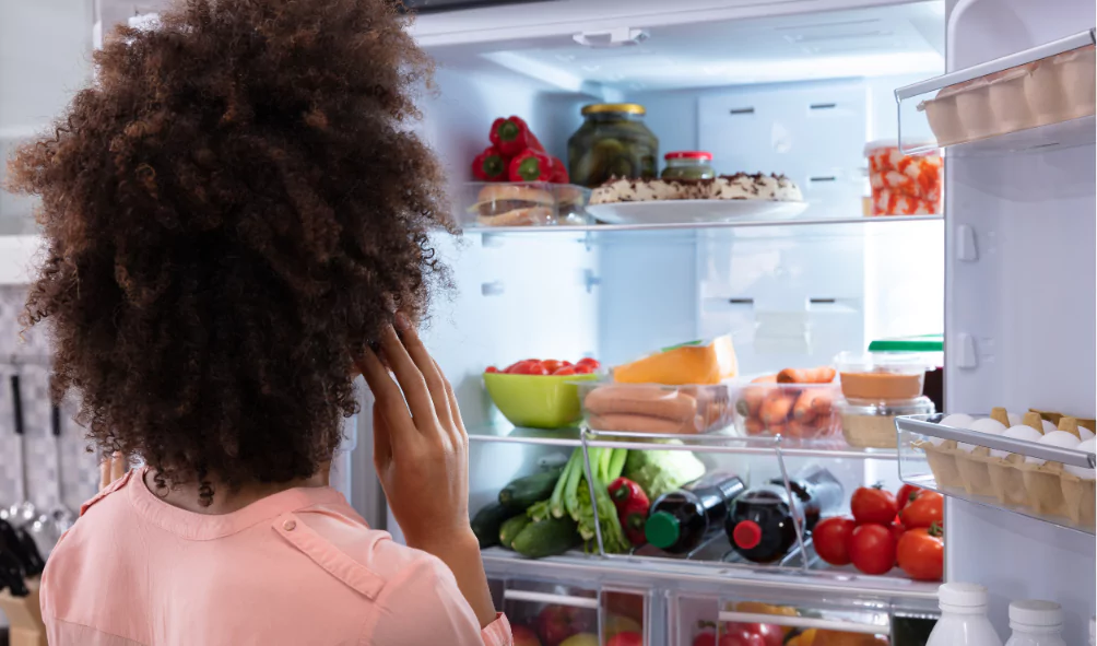 refrigerator repair woman checking fridge
