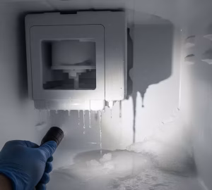 ice machine assembly with ice buildup